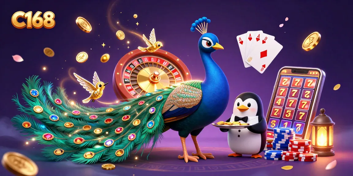 C168 players experience vibrant excitement with a cartoon peacock and gaming elements in action.