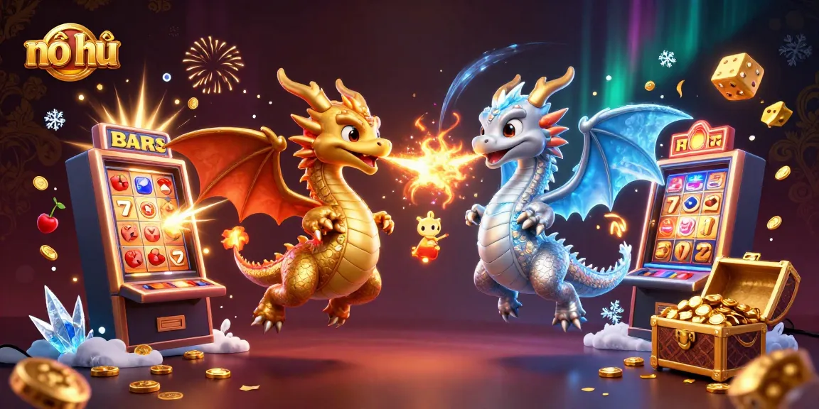 Enhance your nổ hũ experience with this dynamic 3D illustration featuring dragons and slot machine action.