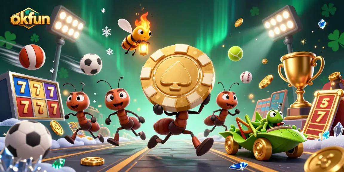 Experience the excitement of okfun through this dynamic illustration featuring ants heisting a giant poker chip.