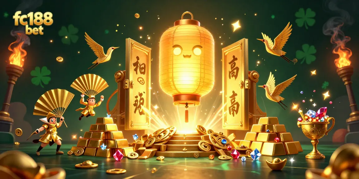 Engage with the fc188 bet spirit in this vibrant casino scene filled with treasure and lucky symbols.
