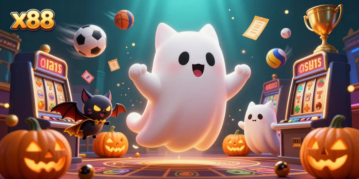 x88 players enjoying an immersive gaming experience with a friendly ghost cat and vibrant casino elements.