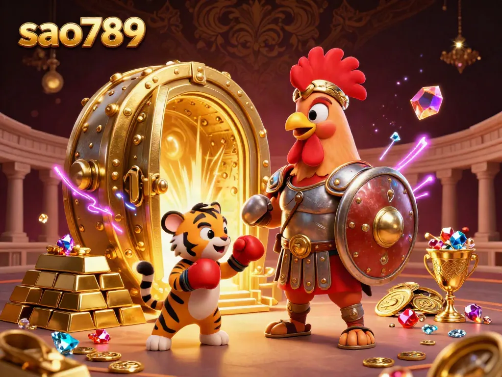Experience the thrill of sao789 with a dynamic 3D gladiator rooster and tiger cub in a vibrant casino scene.