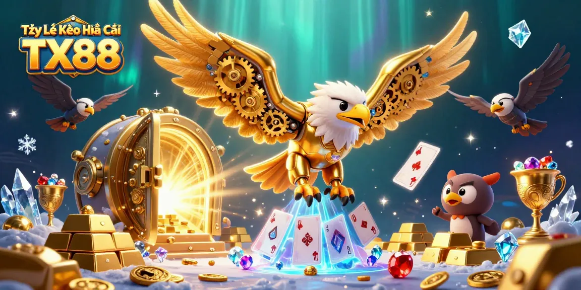 Tỷ Lệ Kèo Nhà Cái TX88 soaring above treasure vaults and holographic cards, emphasizing casino thrills.