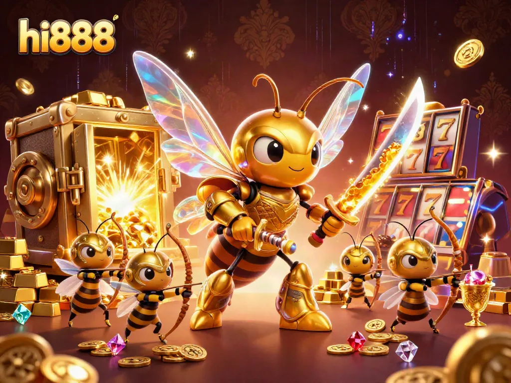 Experience the excitement of hi888 casino gaming with a vibrant 3D scene full of slots, gold, and dynamic characters.