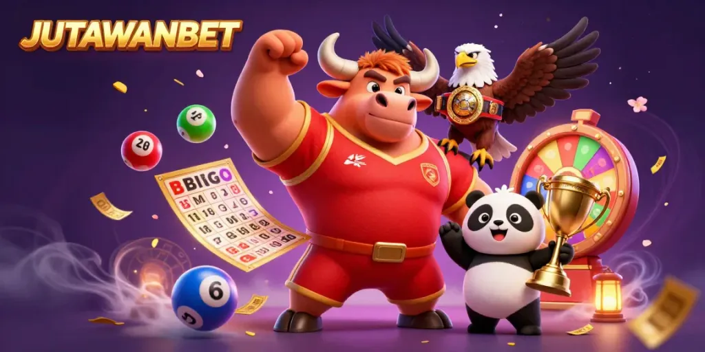 JUTAWANBET celebrates victory among vibrant casino elements with a bull mascot, eagle, and panda.