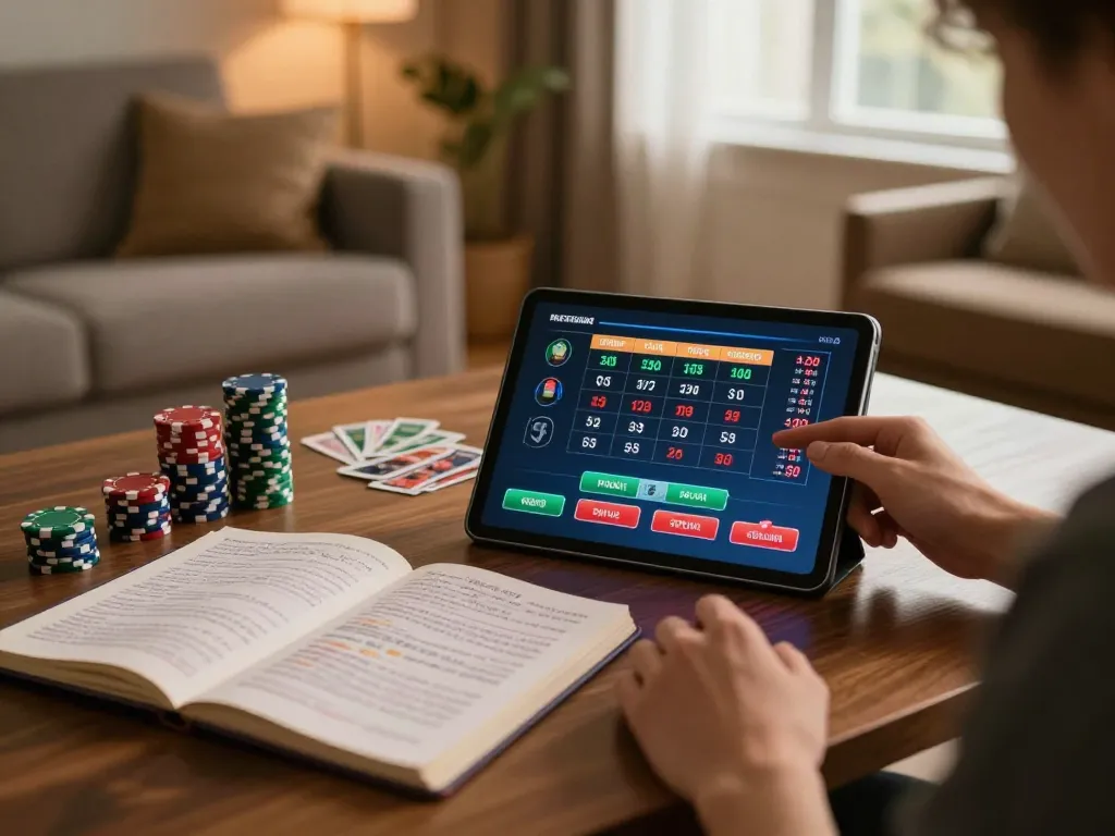 Person strategizing for online gambling at home with tylekeo betting notes and tablet.