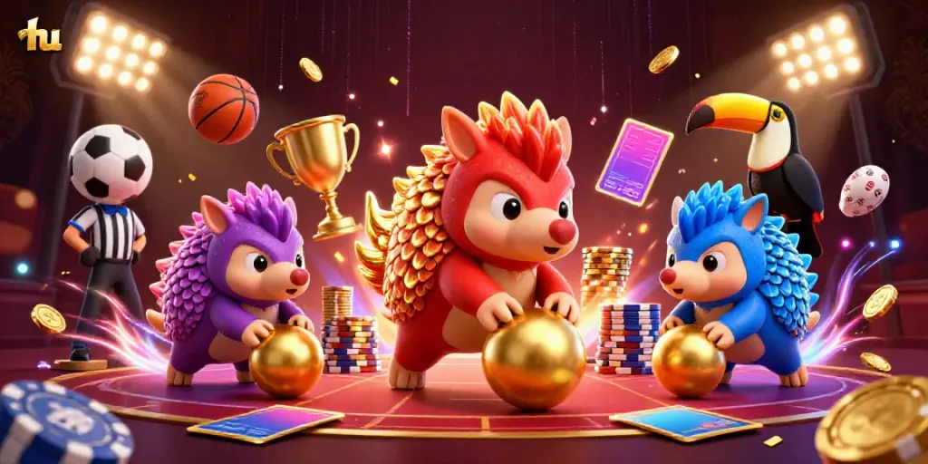 Engage with hu in this lively scene of rival pangolins playing a dynamic gambling game surrounded by poker chips and sports elements.