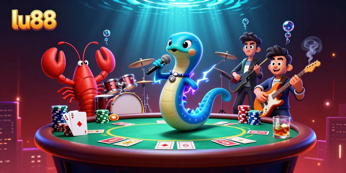 Experience thrilling gaming at lu88 with an electric eel DJ, vibrant casino backdrop, and dynamic poker action.