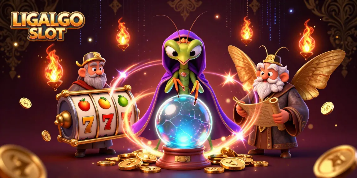 LIGALGO SLOT vibrant illustration showcasing a fortune teller and moth librarian amidst slot reels and lucky symbols.
