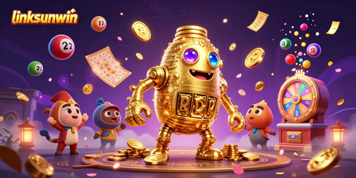 Engage with the exciting world of linksunwin through a vibrant, 3D illustration showcasing dynamic lottery elements and a golden golem.