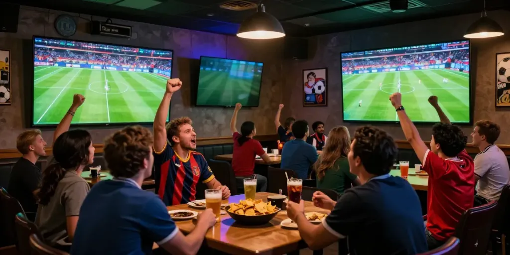 Exciting football fans at https://cakhiatv.team/ viewing live matches in a lively sports bar atmosphere.