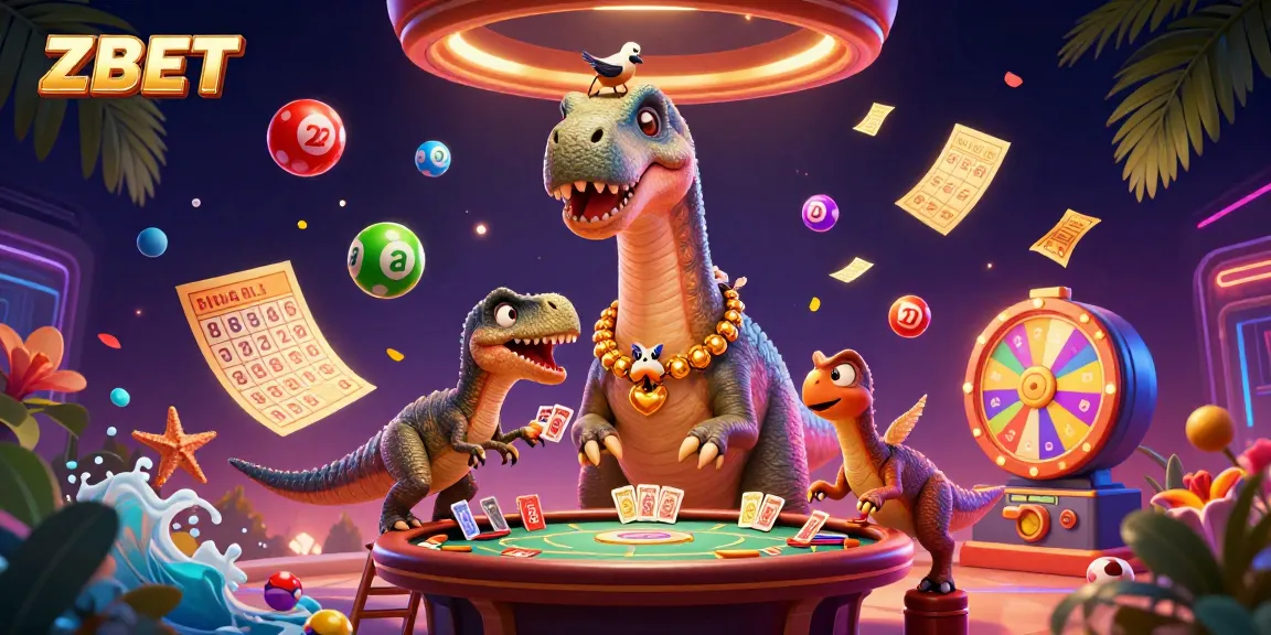 ZBET engages players in a vibrant casino scene with a brontosaurus and raptor dealing cards.