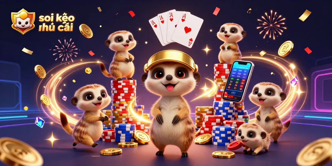 Soi kèo nhà cái with lively meerkats managing a buzzing sports betting scene filled with chips, cards, and dynamic elements.