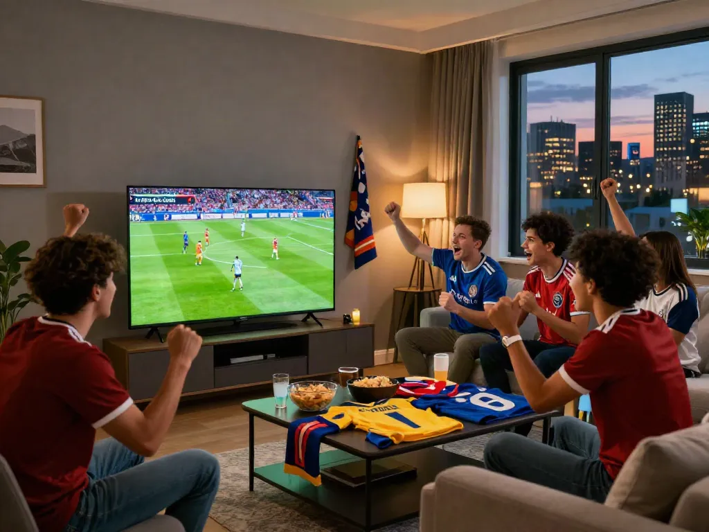 Friends enjoying live football on https://gavangtv.life/ with snacks and celebration.
