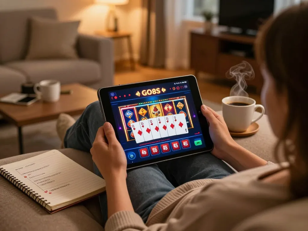 Player engaging with go8s on tablet, analyzing poker strategy at home, warm and inviting environment