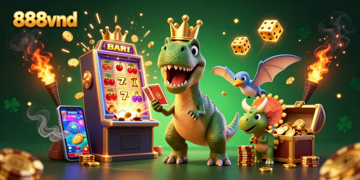 Experience thrilling 888vnd slot action with an interactive dinosaur-themed scene.