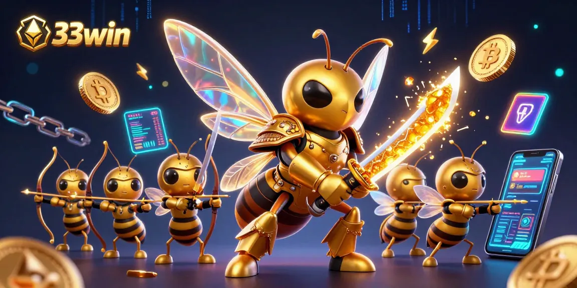 Engage with the vibrant gaming scene of 33win, featuring lively casino characters and crypto elements.