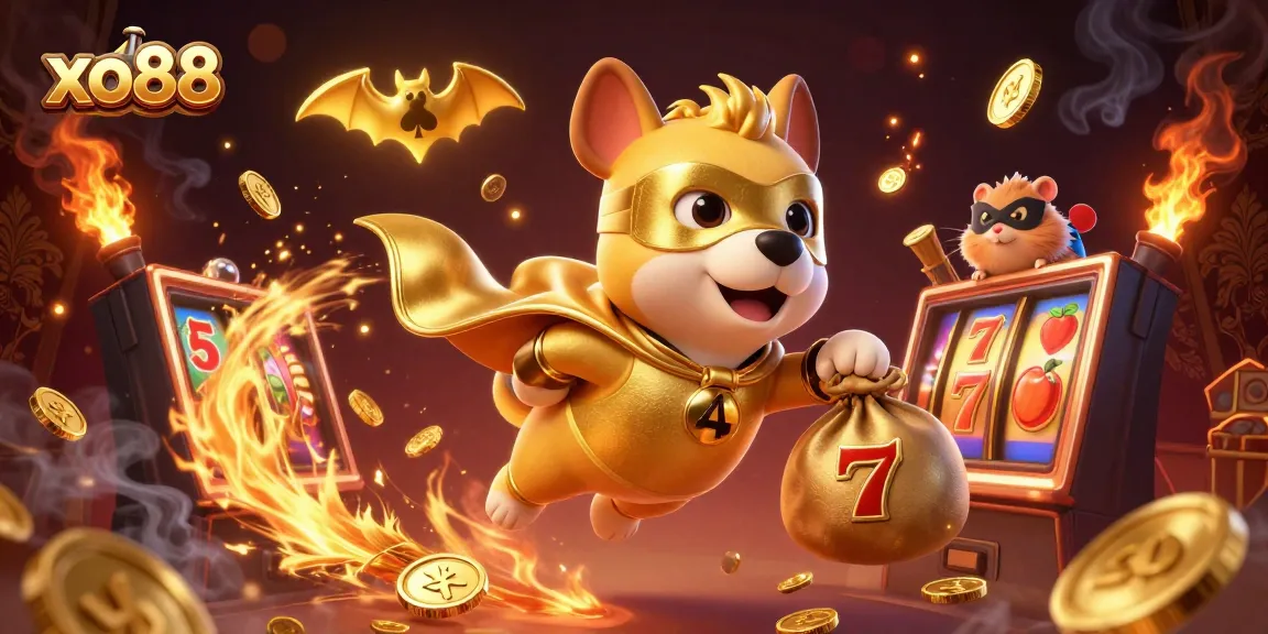 Engaging xo88 illustration showing a superhero dog and sidekick amidst thrilling slot machine action.