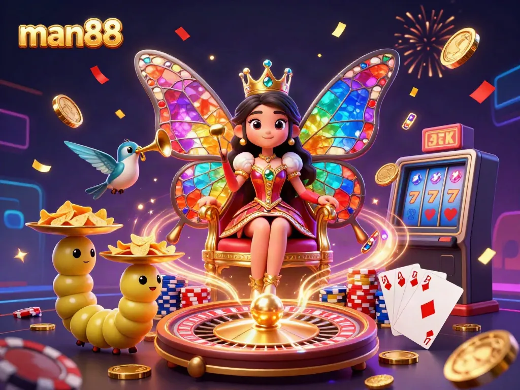 Experience the excitement of man88 casino with a dazzling 3D butterfly queen amidst gold coins and cards.