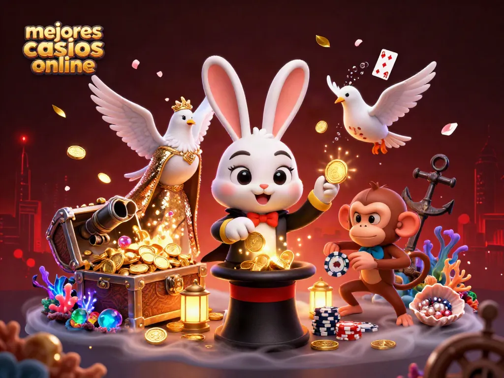 Ilustración 3D de un conejo mago, asistente y mono en un casino online, destacando los mejores casinos online.