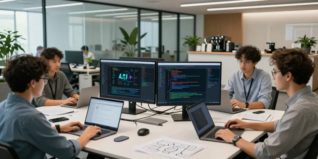 Team collaborating on Enterprise AI models in a modern office setting.