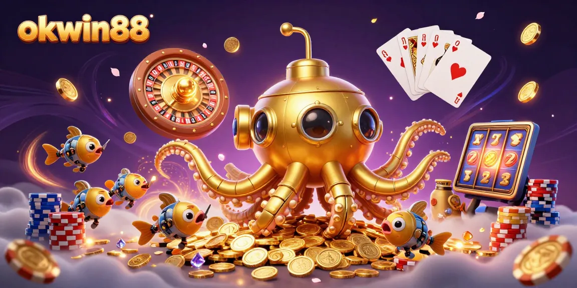 Spin to win with okwin88's thrilling games in this vibrant 3D casino scene featuring a golden kraken!