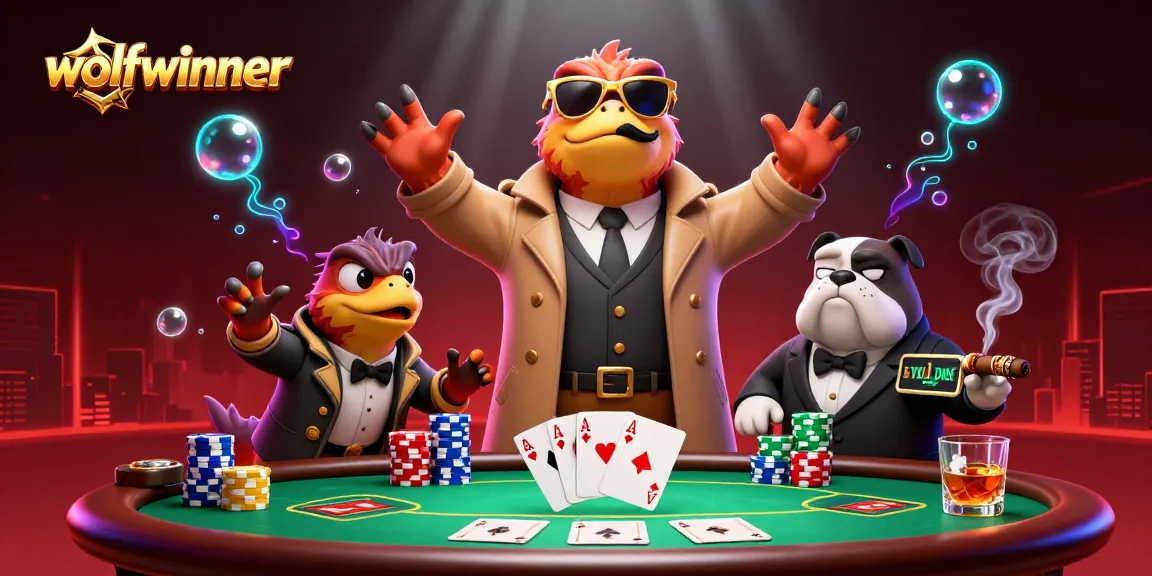Wolfwinner showcases three raptors in disguise entering a VIP casino, surrounded by poker elements.