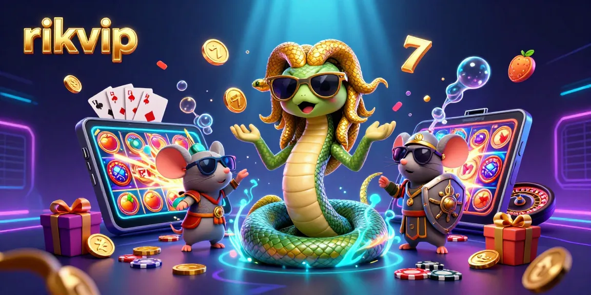 Play exciting casino games with rikvip in a vibrant 3D illustration featuring Medusa and gaming elements.