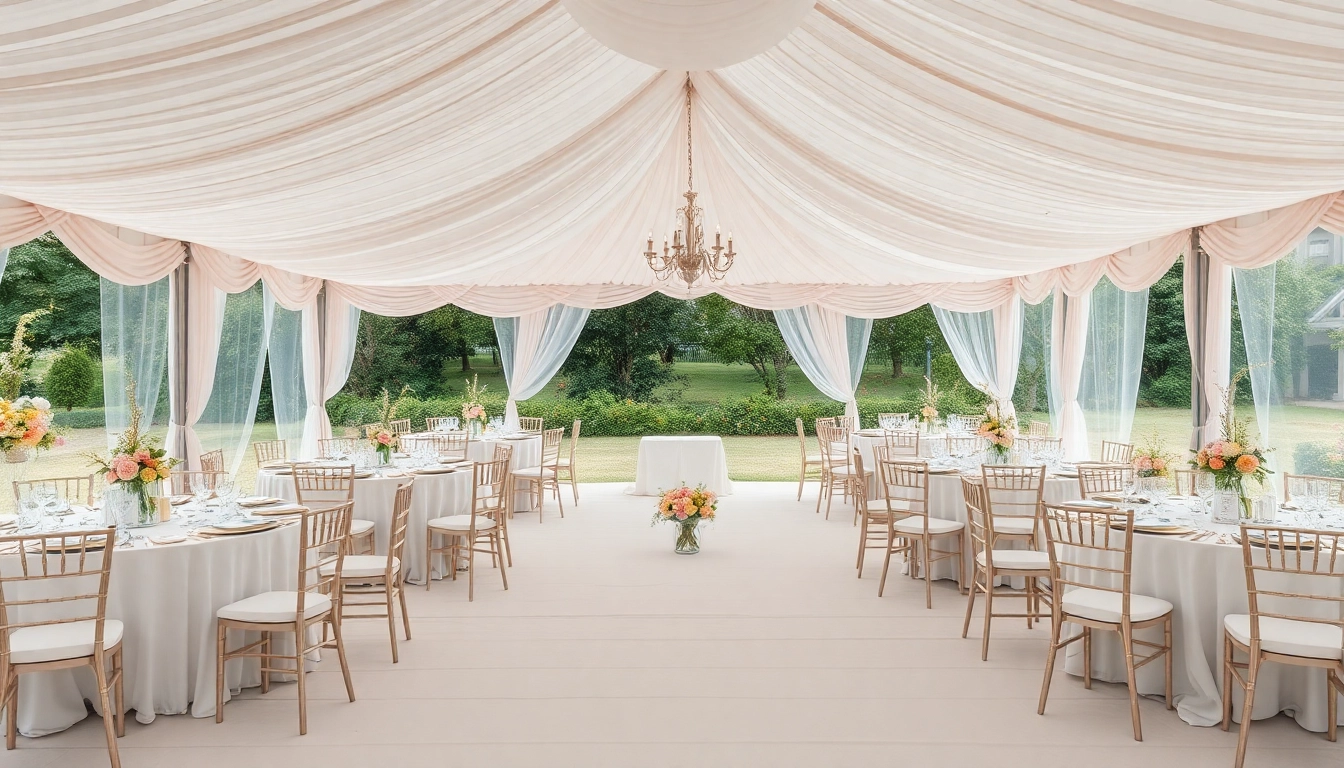 Stunning wedding tent chair & table rentals arranged beautifully in a garden setting.