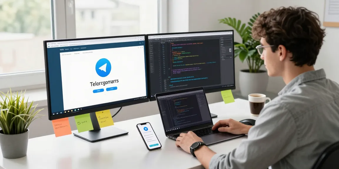 Experience seamless communication with Telegram download in a vibrant tech workspace, featuring coding and design.