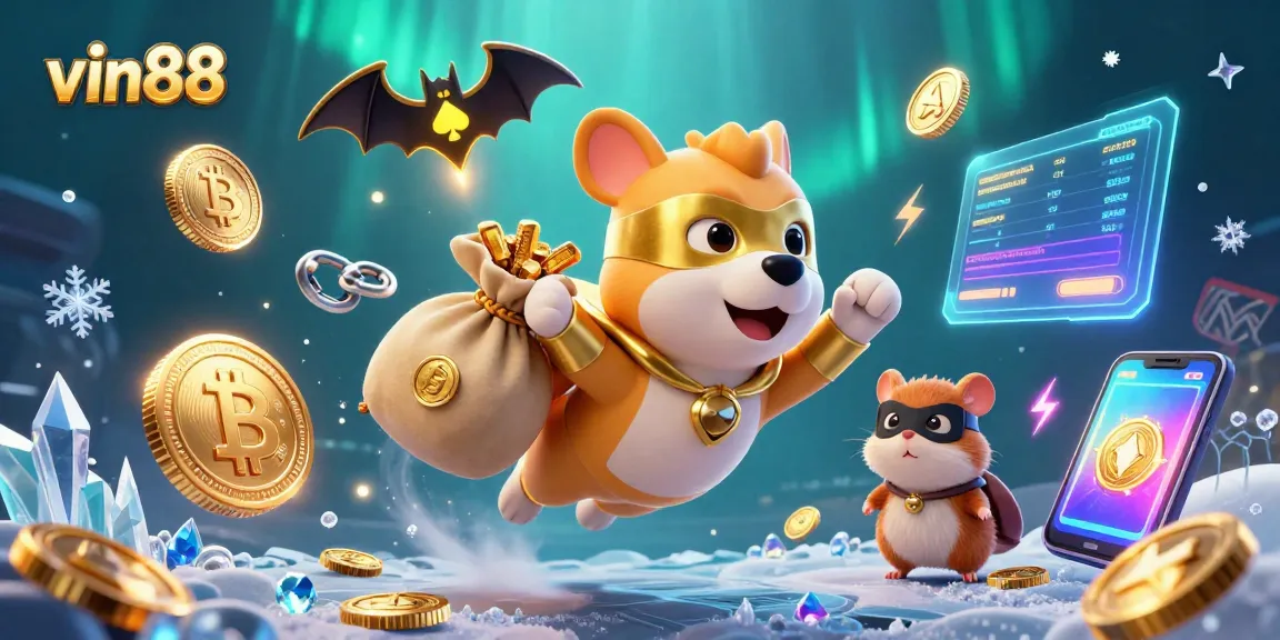 Experience thrill with vin88 as a superhero dog and sidekick hamster celebrate crypto gambling.
