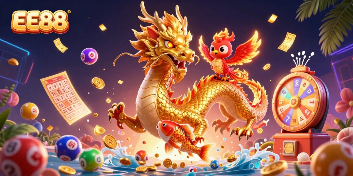 Experience thrilling EE88 gaming with a dazzling dragon, phoenix, and koi fish amidst vibrant casino elements.