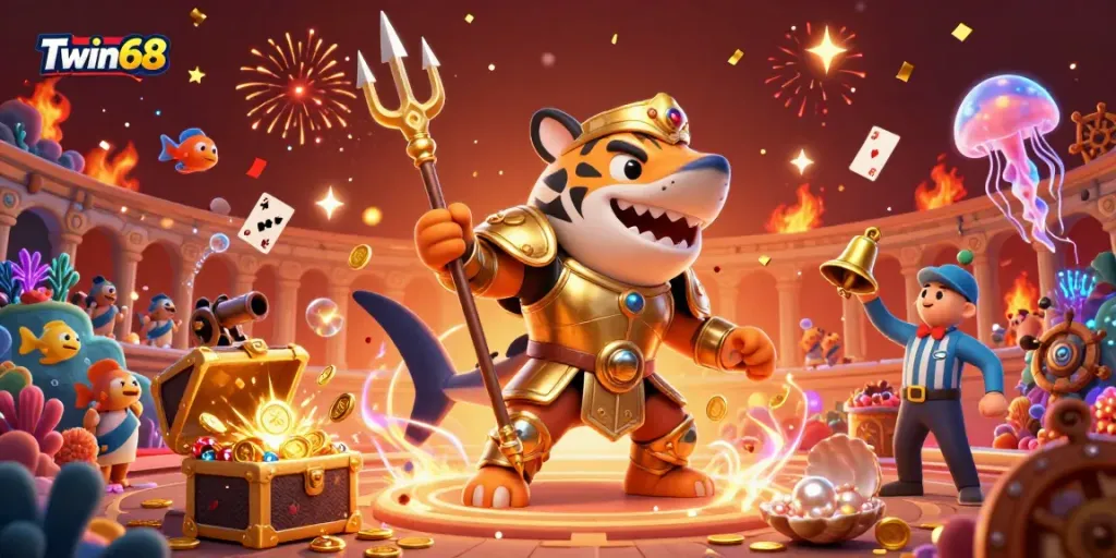 Twin68's thrilling underwater casino scene showcases a tiger shark in gladiator armor amidst floating cards and treasure.