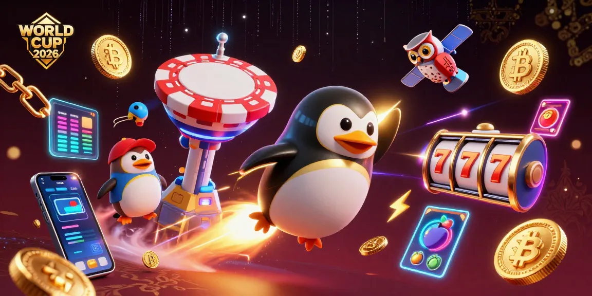 Bet on the WORLD CUP 2026 with a vibrant illustration of a penguin and crypto elements