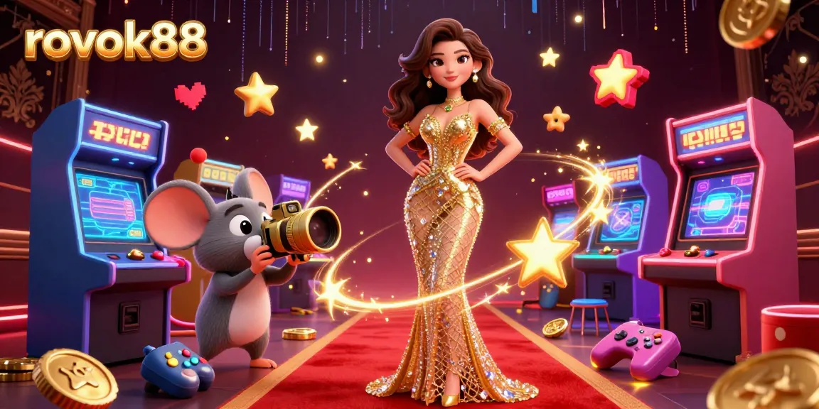 Experience exciting gameplay and vibrant visuals with rokok88 featuring a glamorous 3D woman and cartoon paparazzi.