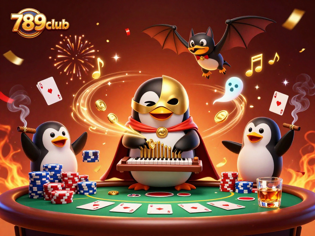 Experience the thrill of 789club with a whimsical penguin playing for golden coins amidst poker excitement.