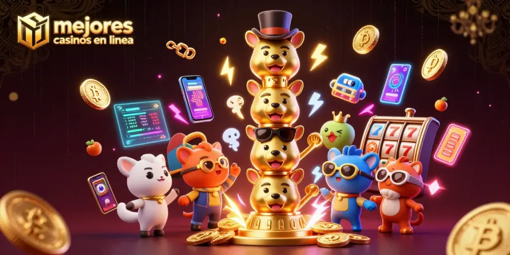 Explora los mejores casinos en línea con tragamonedas y símbolos de jackpot en esta ilustración vibrante.