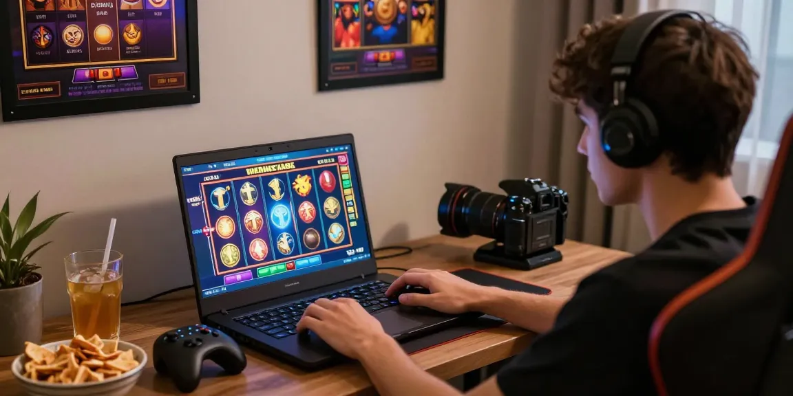 Pengguna menikmati permainan Super59 login dengan antarmuka slot berwarna-warni di laptop.