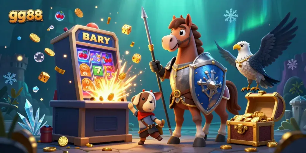 Experience thrilling jackpot wins with gg88’s immersive 3D casino illustration featuring unique characters and vibrant symbols.