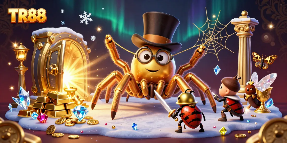 Experience the excitement of TR88 with a golden tarantula and knight in a vibrant casino setting.