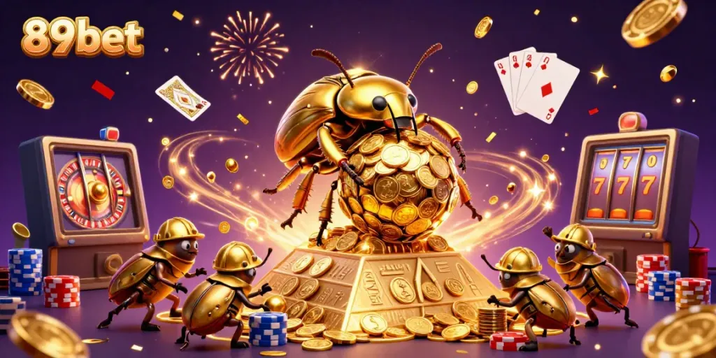 89bet's animated golden beetle rolls a jackpot coin ball, surrounded by casino games and vibrant energy.