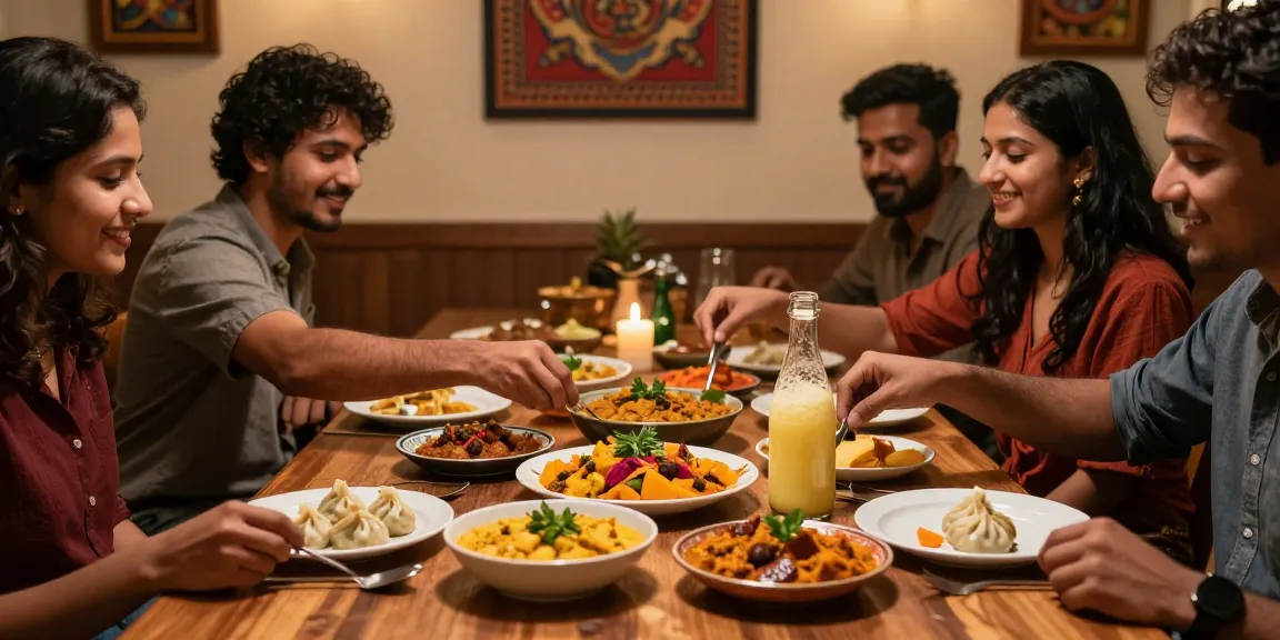 Friends enjoying rokok88 authentic Indian curry and Nepalese momo in a cozy restaurant setting.