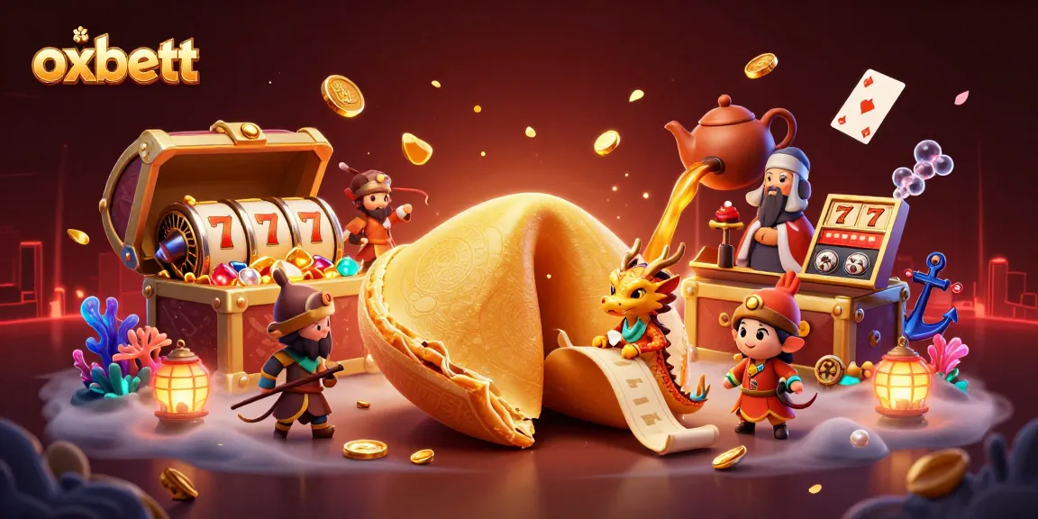 Experience exciting gaming with oxbett at a vibrant casino illustration featuring golden fortune cookie characters.