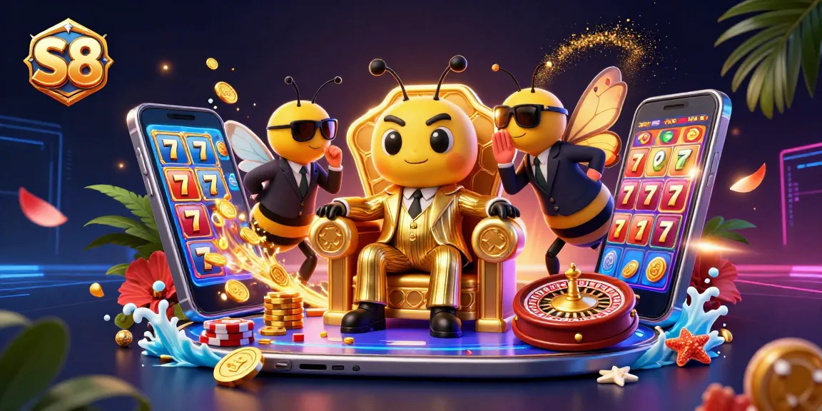 Win big with S8’s thrilling slot games illustrated by a bumblebee mob boss in a vibrant scene.