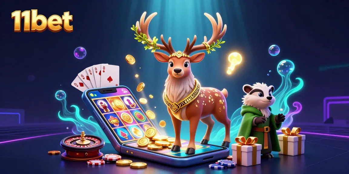Experience the exciting world of 11bet with a vibrant 3D casino scene filled with dynamic gambling elements.