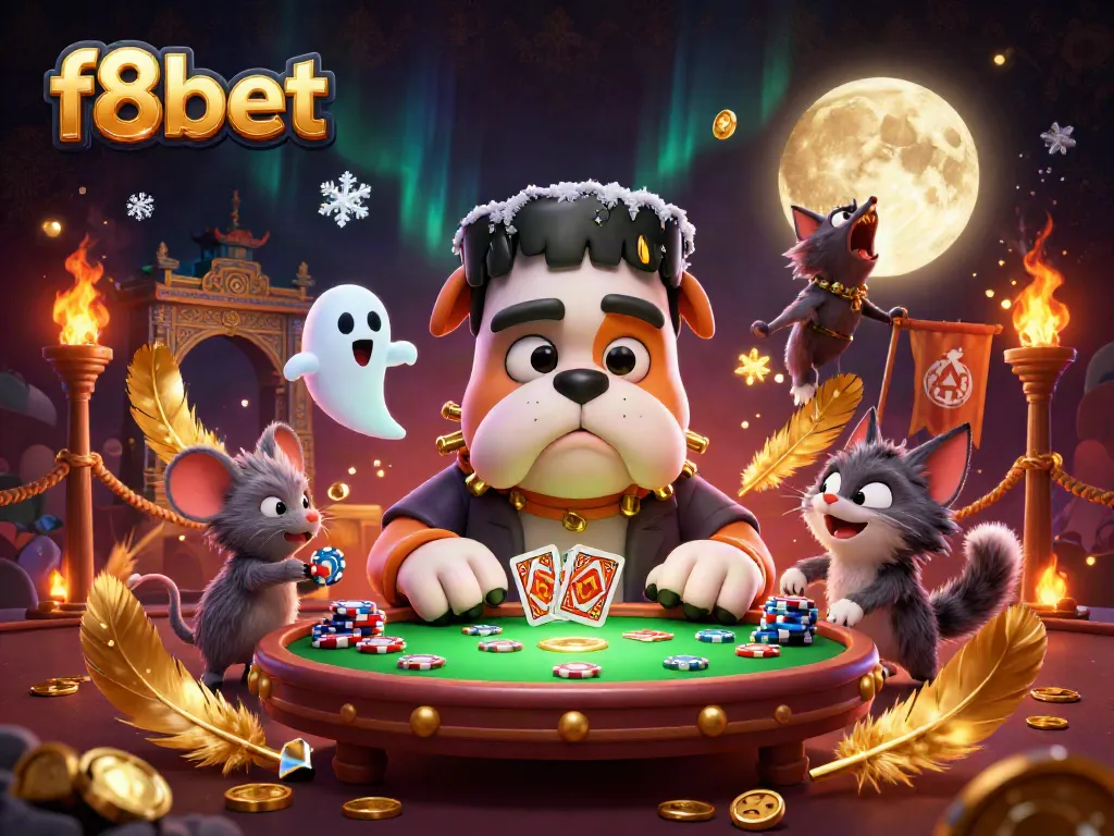 Experience thrilling gameplay at f8bet with a 3D cartoon dog dealer and mystical elements.