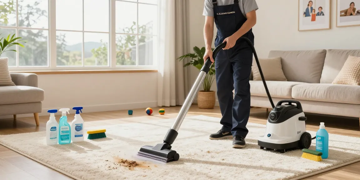 Expert carpet cleaning Buffalo ny in a bright living room, showcasing advanced cleaning equipment and a family-friendly environment.