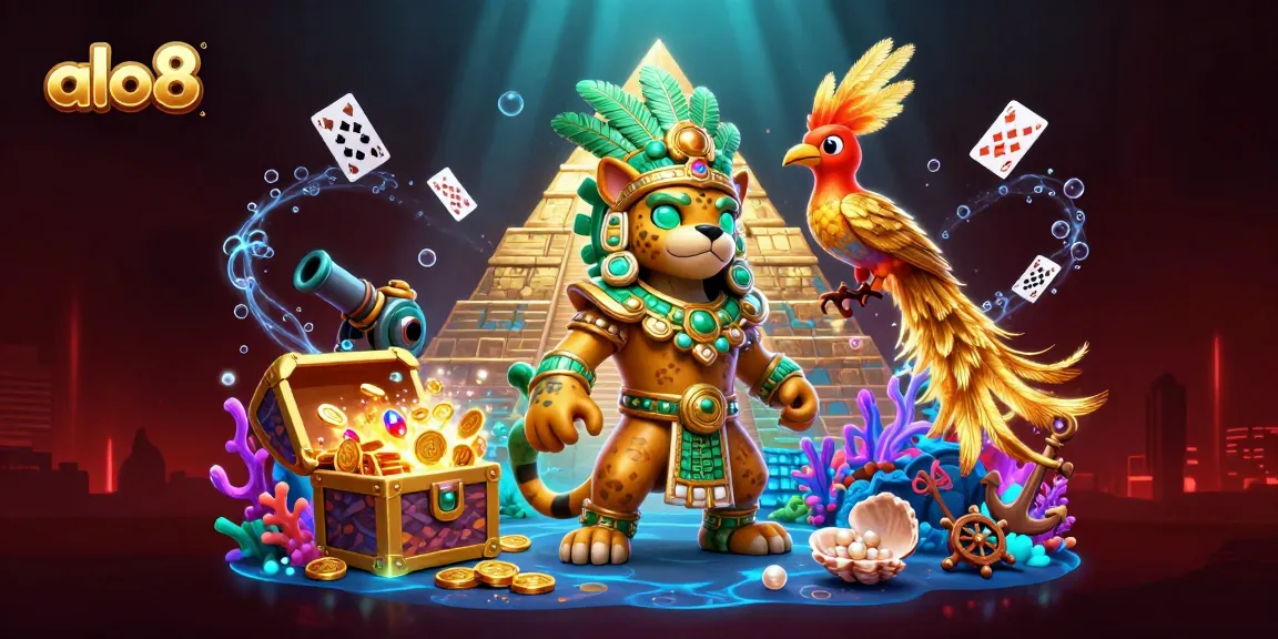 Engage in thrilling games at alo8, featuring a vibrant 3D casino scene with jaguar priest and treasures.