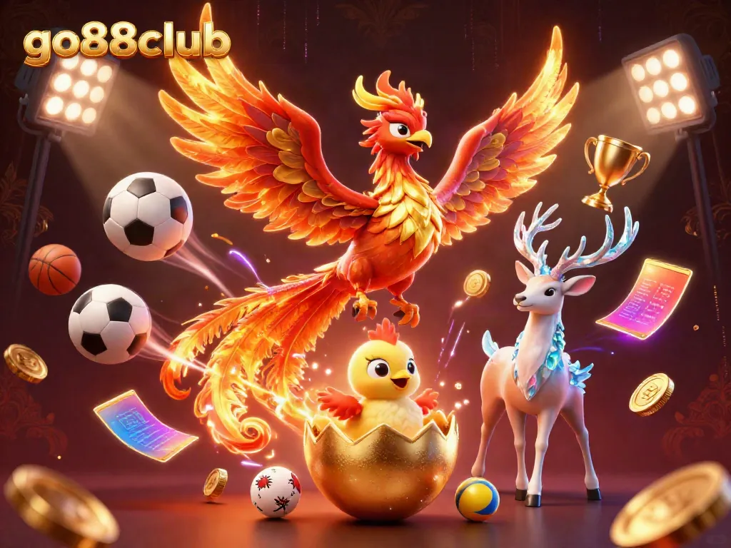 Experience exhilarating gaming at go88club with a dynamic scene featuring a phoenix and mystical stag.