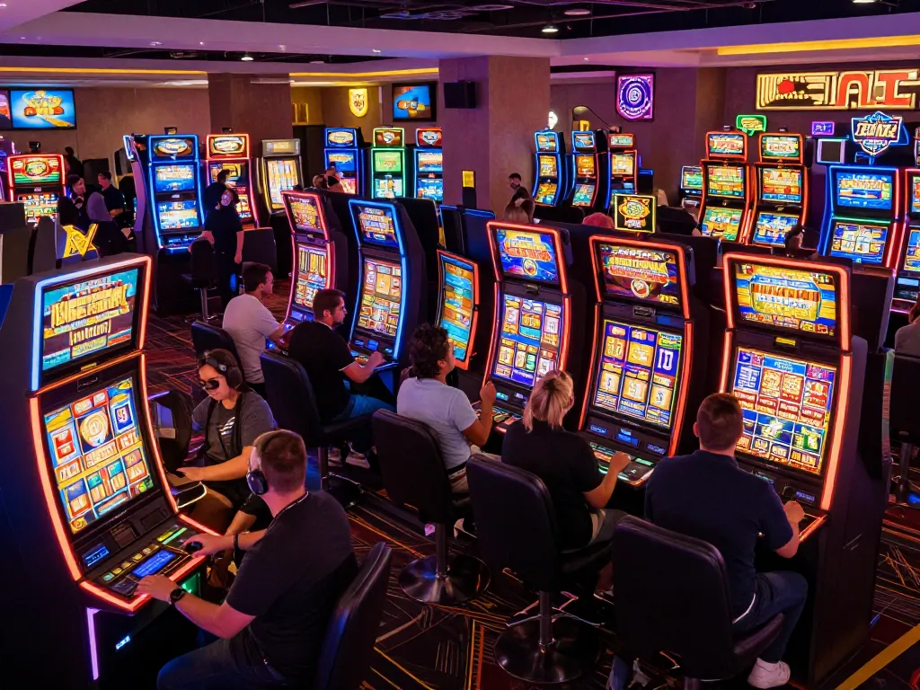 Players enjoying exciting moments at gtatogel slot machines, vibrant casino atmosphere with dynamic lighting.